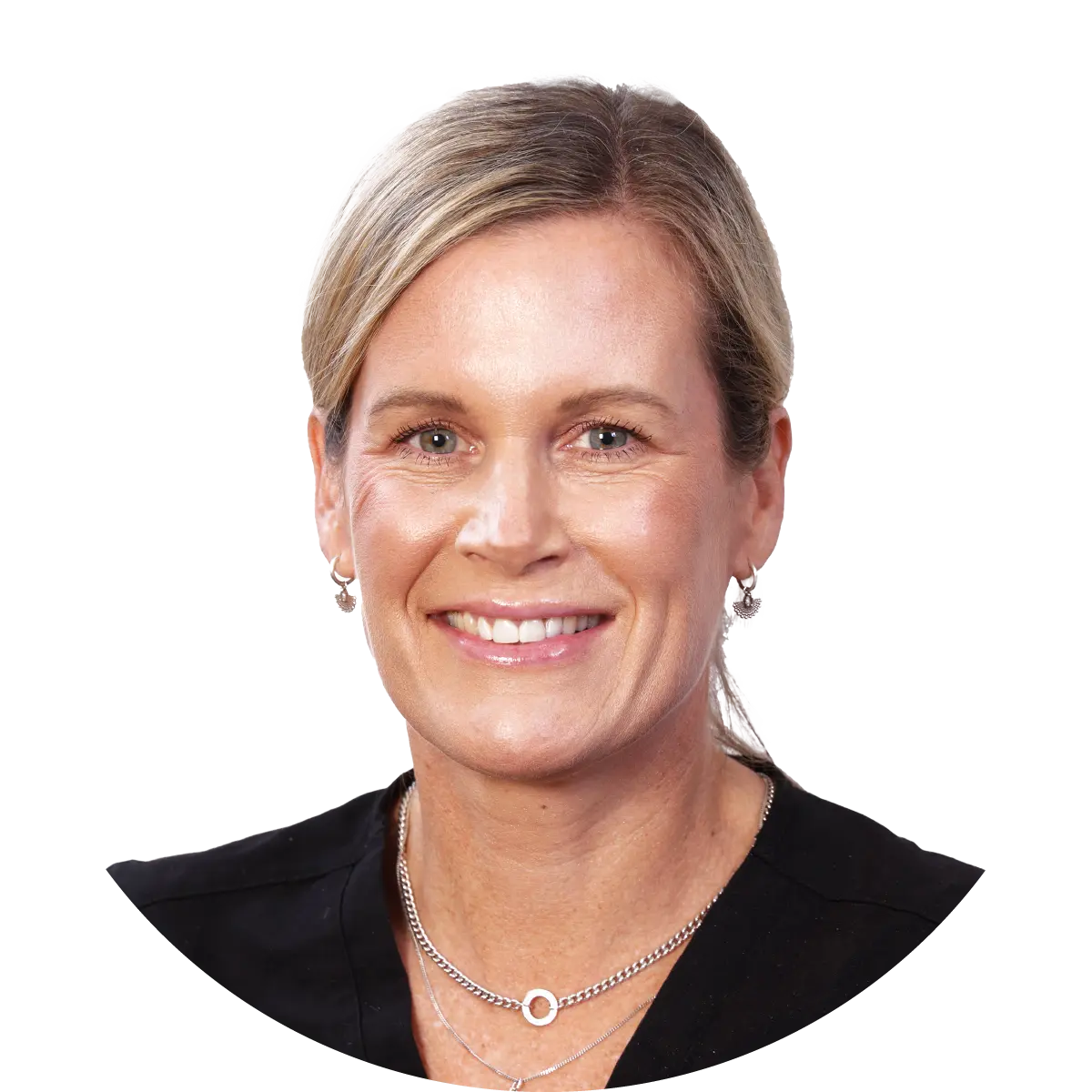 Smiling woman with blonde hair wearing a black top and silver necklace, head-and-shoulders portrait.